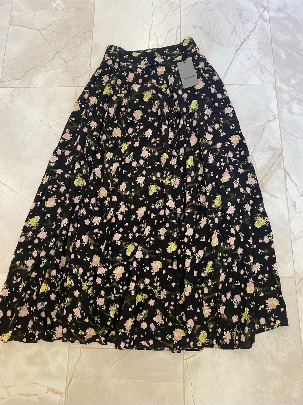 Zadig & Voltaire Black Maxi Skirt with Pink and Green Floral Print